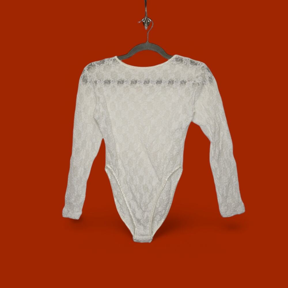 Vintage 80s White Lace Bodysuit Floral Medium Cinema Etoile USA Made Farity Goth
